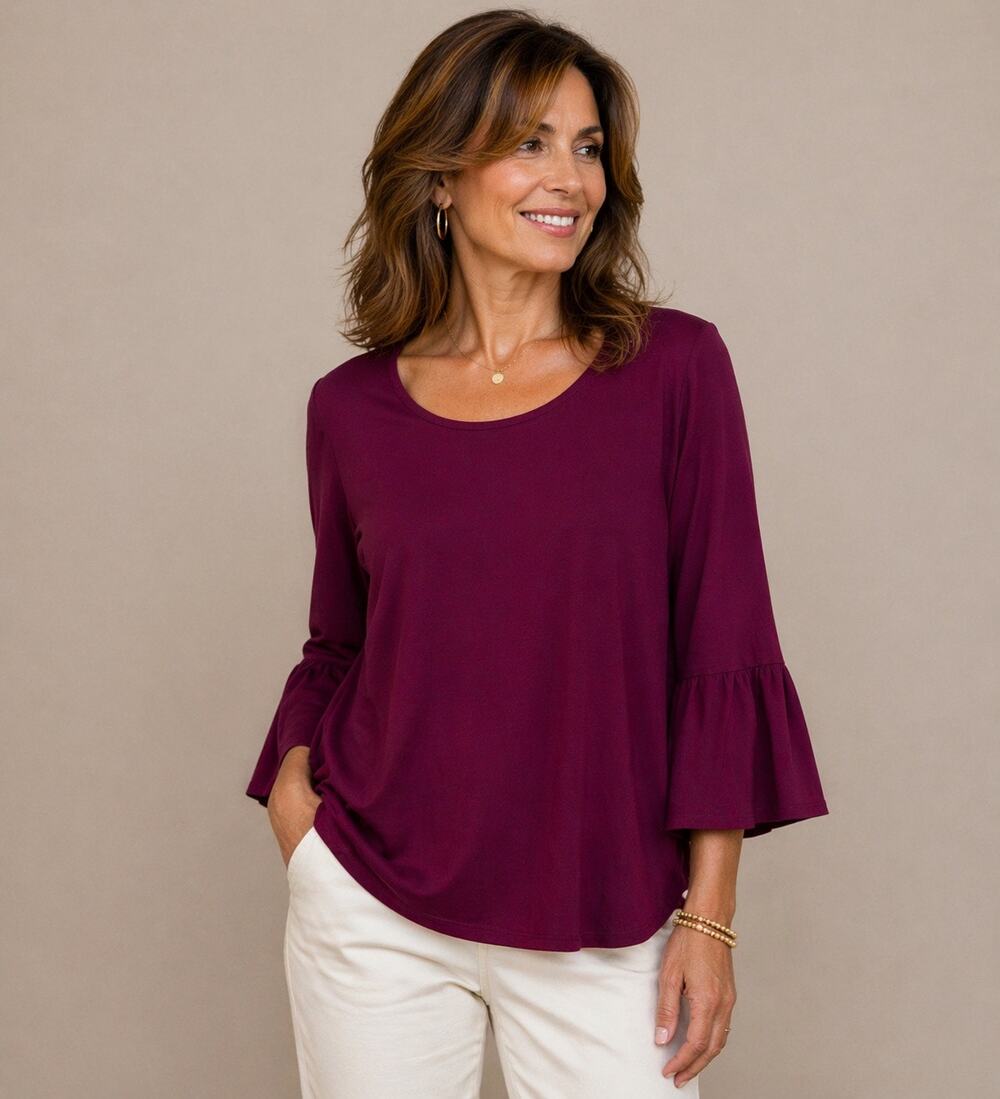 Talbots Tee LP Solid Plum Cotton Flare Ruffle 3/4 Sleeve Round Neck Pullover